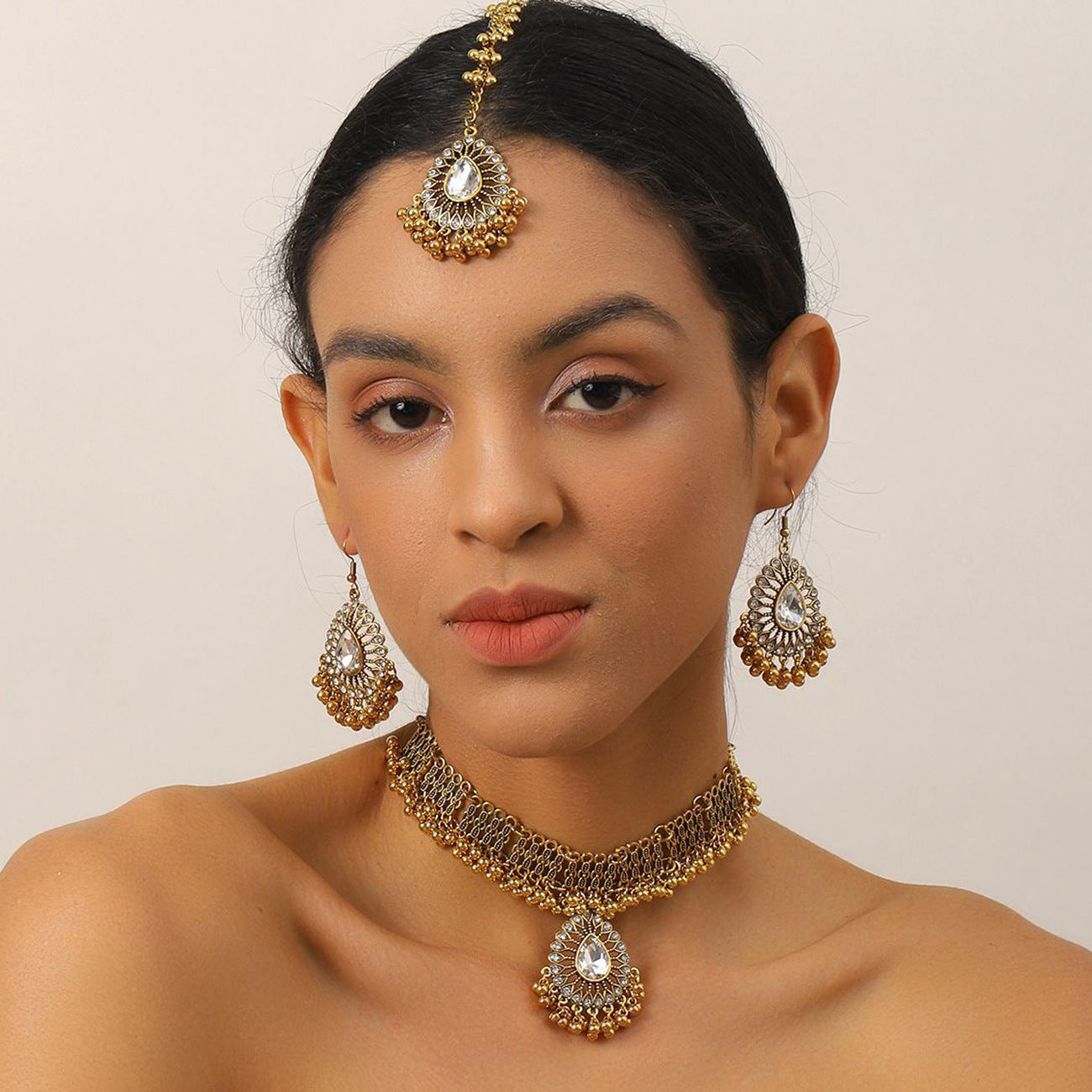 Indian Gem Pearl Pendant Tassel Three-piece Fashion Retro