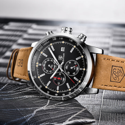 Benyar BY-5102M Men's Chronograph Watch Luxury Quartz Leather Strap Casual Business Wristwatch