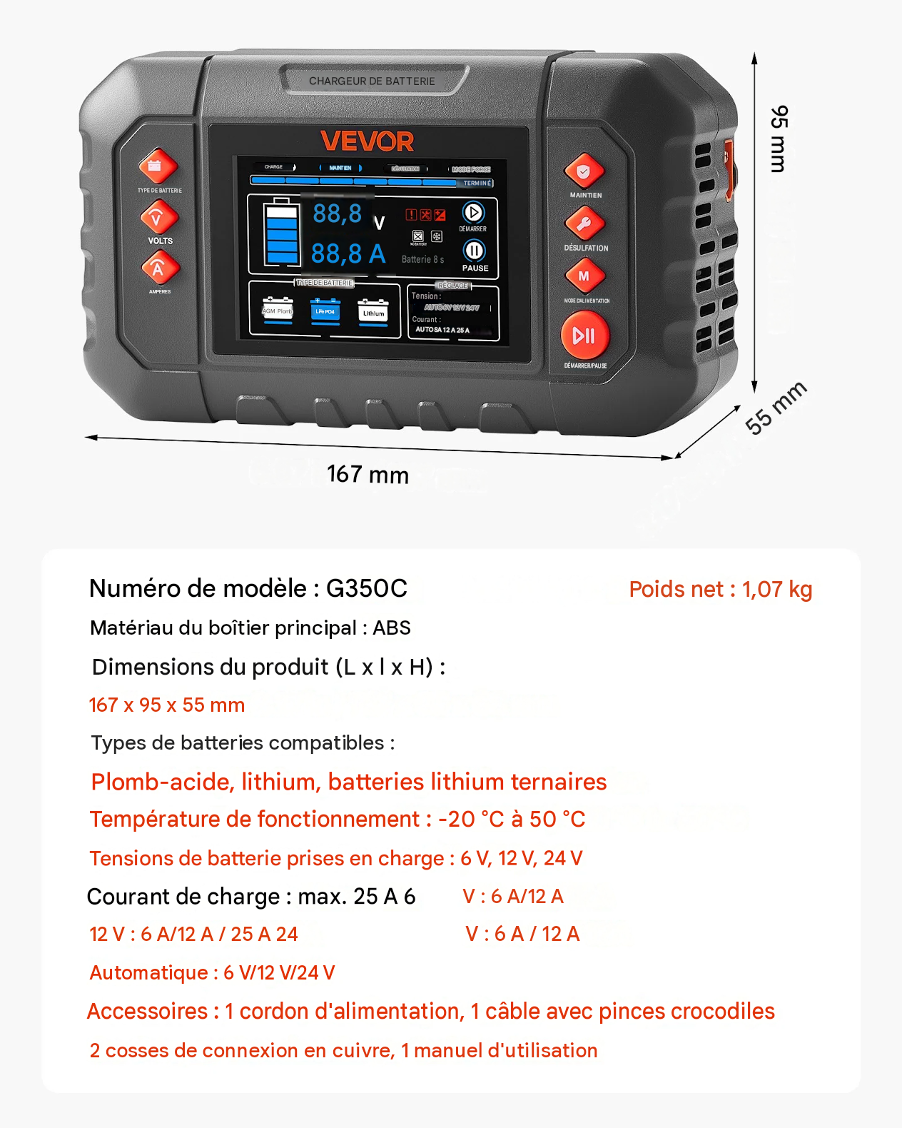 Chargeur de batterie intelligent, 25 A, 6 V / 12 V / 24 V