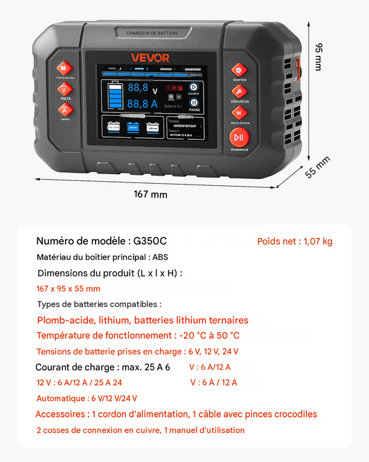 Chargeur de batterie intelligent, 25 A, 6 V / 12 V / 24 V
