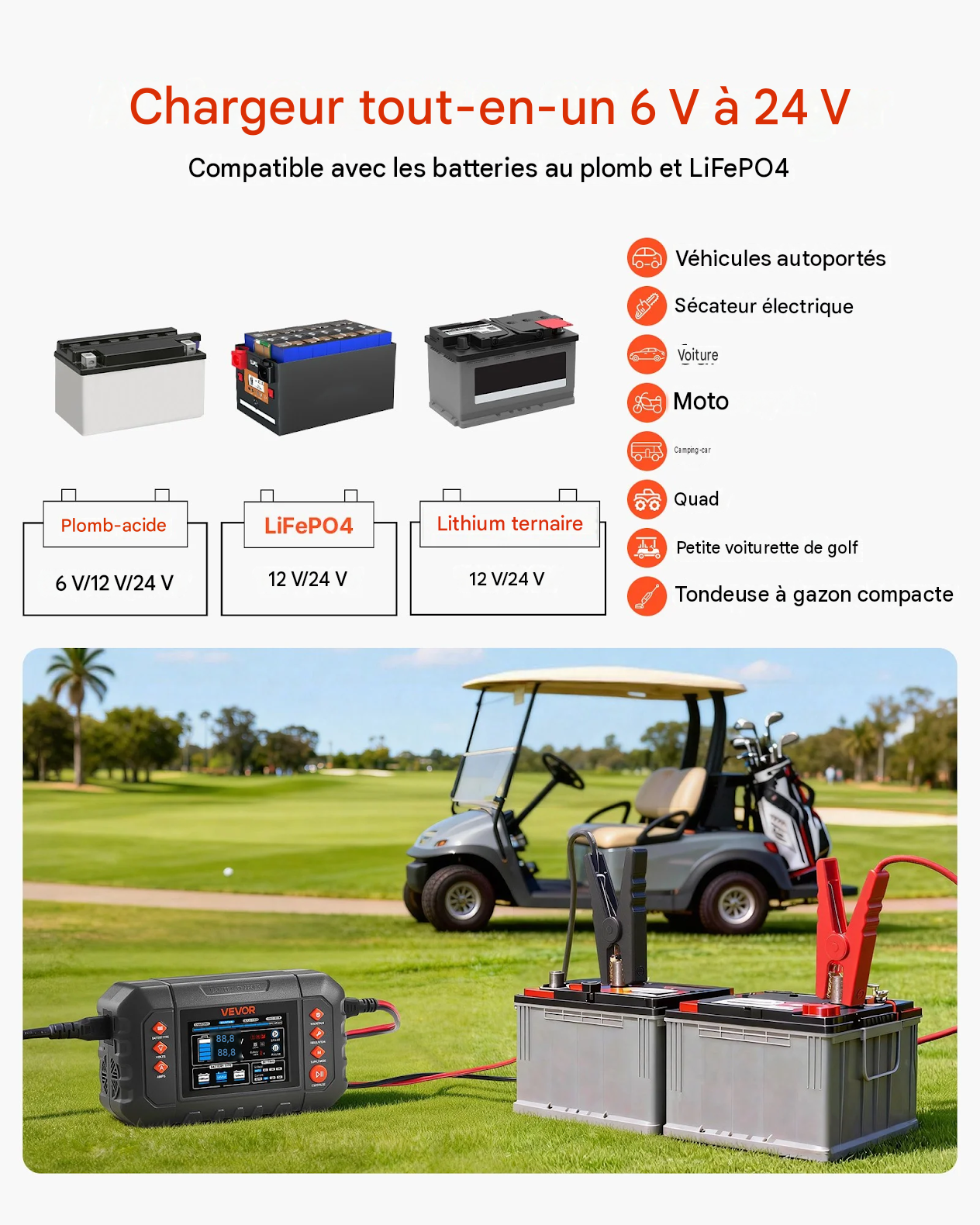 Chargeur de batterie intelligent, 25 A, 6 V / 12 V / 24 V